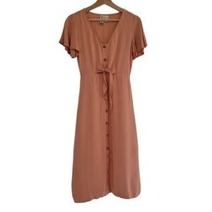 Mimi Chika Tie Front Short Sleeve V Neck Lightweight Button Front Midi Dress